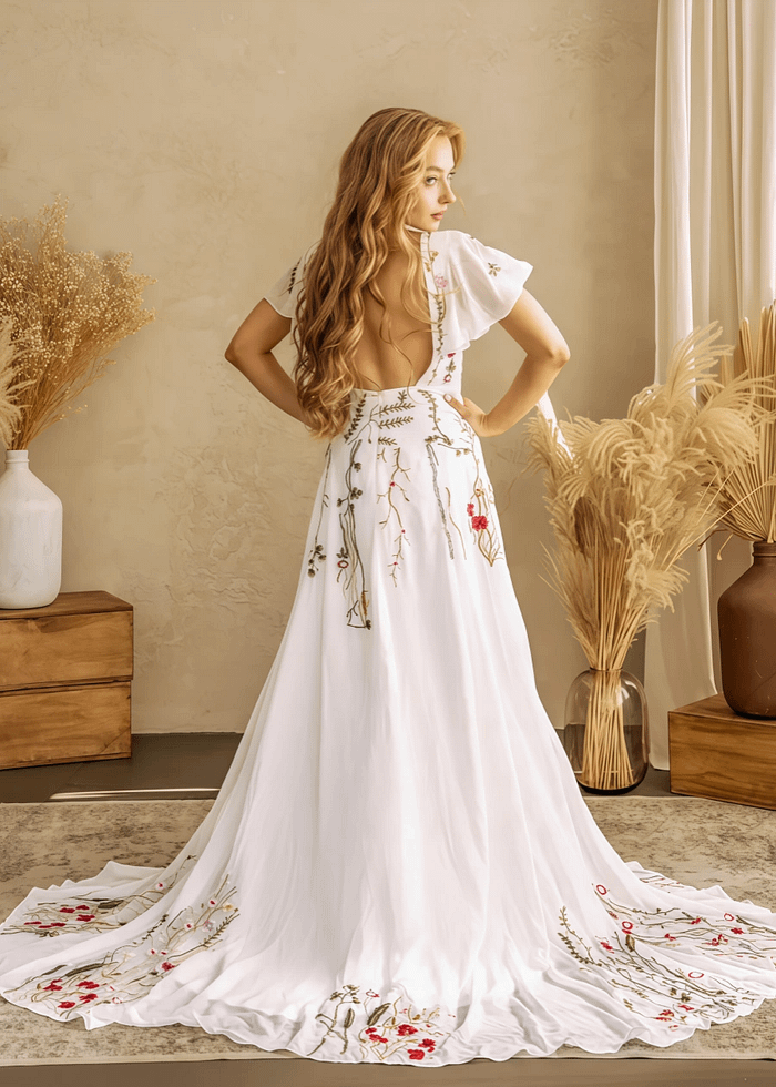 Lola | Stunning Floral Wedding Dresses With Sleeves - Ivory Floral - Promdressclub