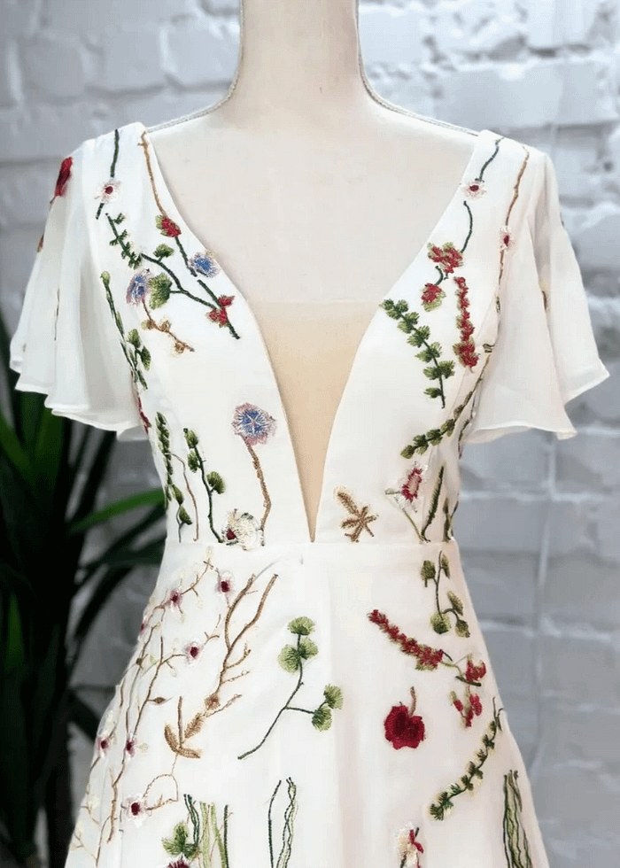 Lola | Stunning Floral Wedding Dresses With Sleeves - Ivory Floral - Promdressclub