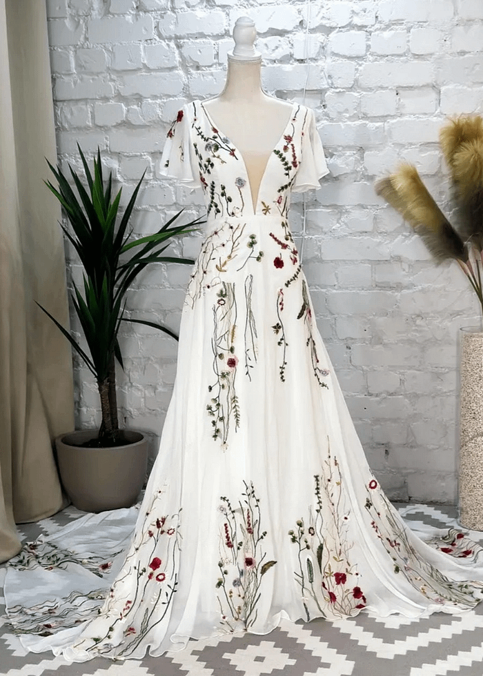 Lola | Stunning Floral Wedding Dresses With Sleeves - Ivory Floral - Promdressclub