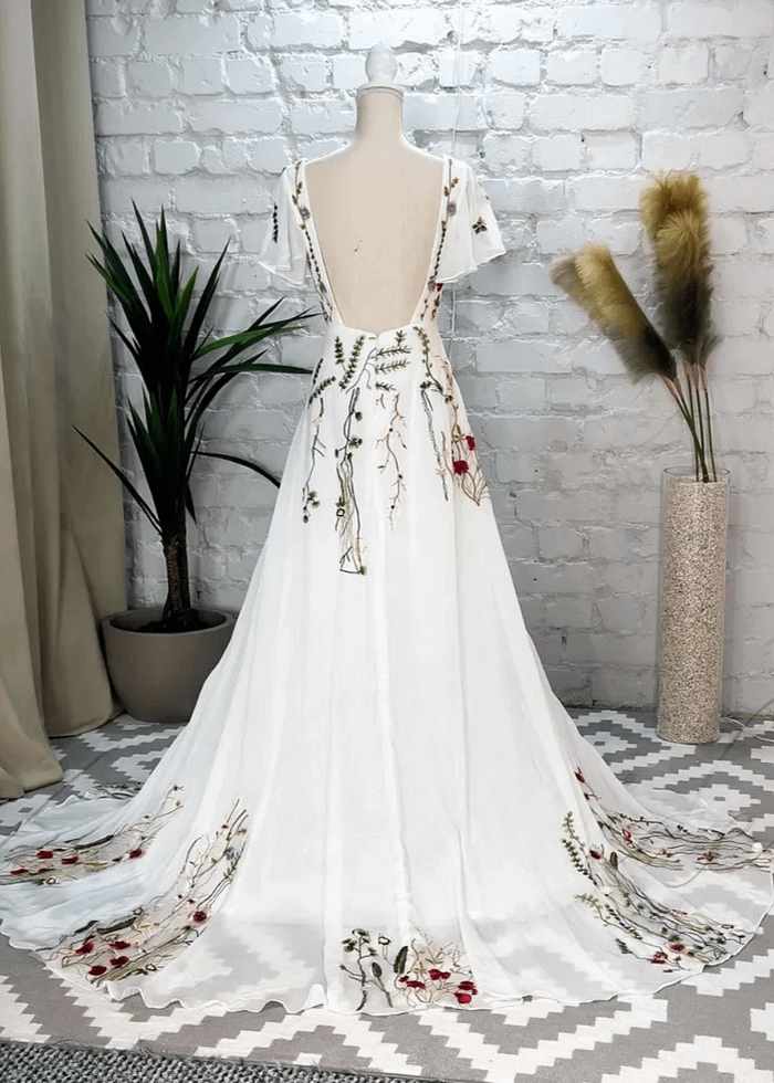 Lola | Stunning Floral Wedding Dresses With Sleeves - Ivory Floral - Promdressclub