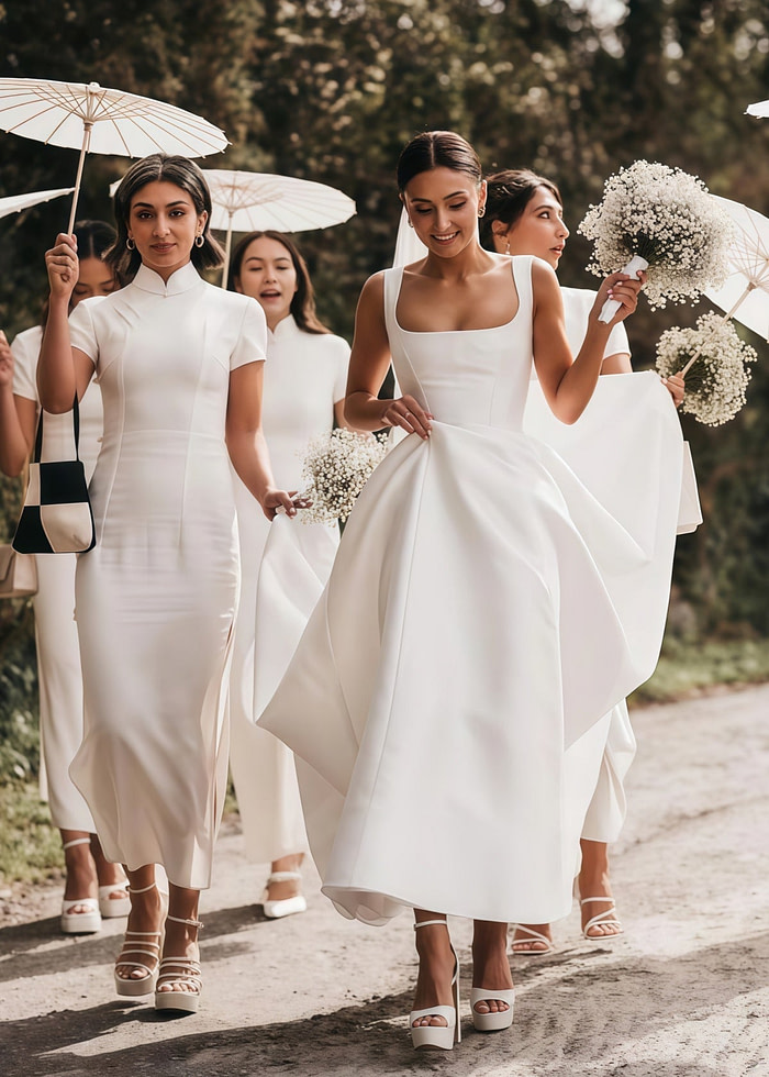 Eartha | Modern Backless Square Neck White Satin Long Wedding Dress With A - Line - Price #Price_Variant_Lowest# - White - Promdressclub