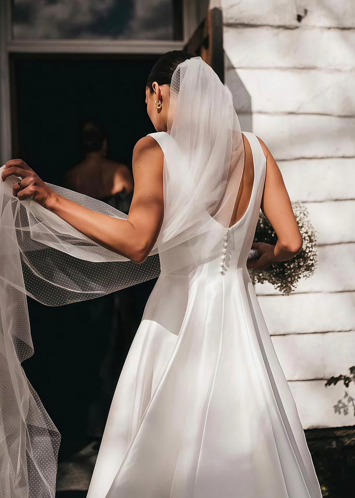 Eartha | Modern Backless Square Neck White Satin Long Wedding Dress With A - Line - Price #Price_Variant_Lowest# - White - Promdressclub