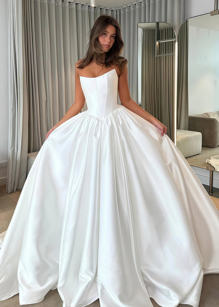 Edith | Ball Gown/Princess Strapless Backless White Satin Maxi Wedding Dress - Price #Price_Variant_Lowest# - White - Promdressclub