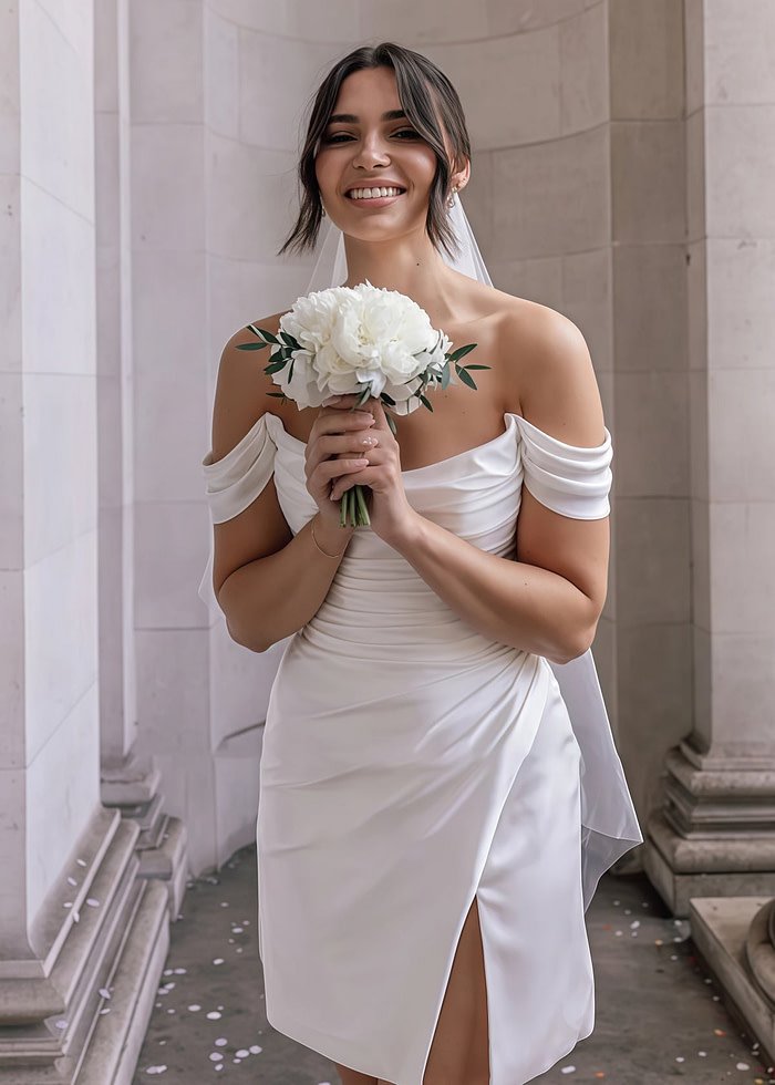 Eileen | Simple Cowl Neck Pleated Short/Mini White Satin Wedding Dress With Slit And Off The Shoulder - Price #Price_Variant_Lowest# - White - Promdressclub