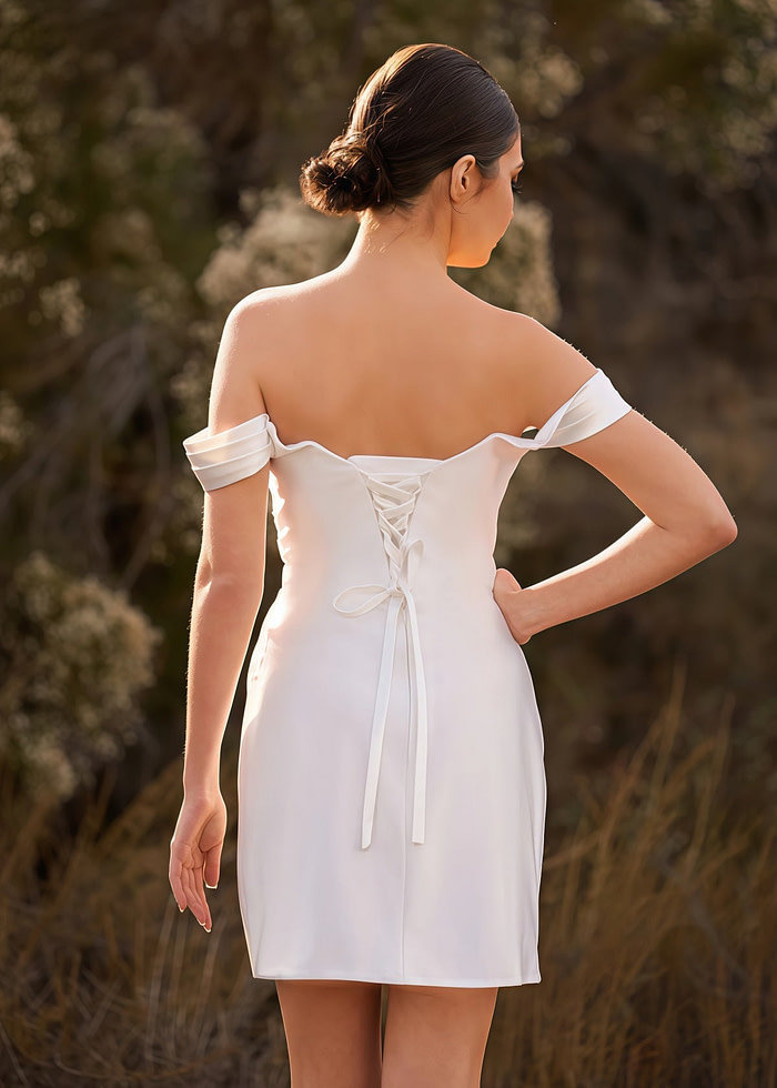 Eileen | Simple Cowl Neck Pleated Short/Mini White Satin Wedding Dress With Slit And Off The Shoulder - Price #Price_Variant_Lowest# - White - Promdressclub
