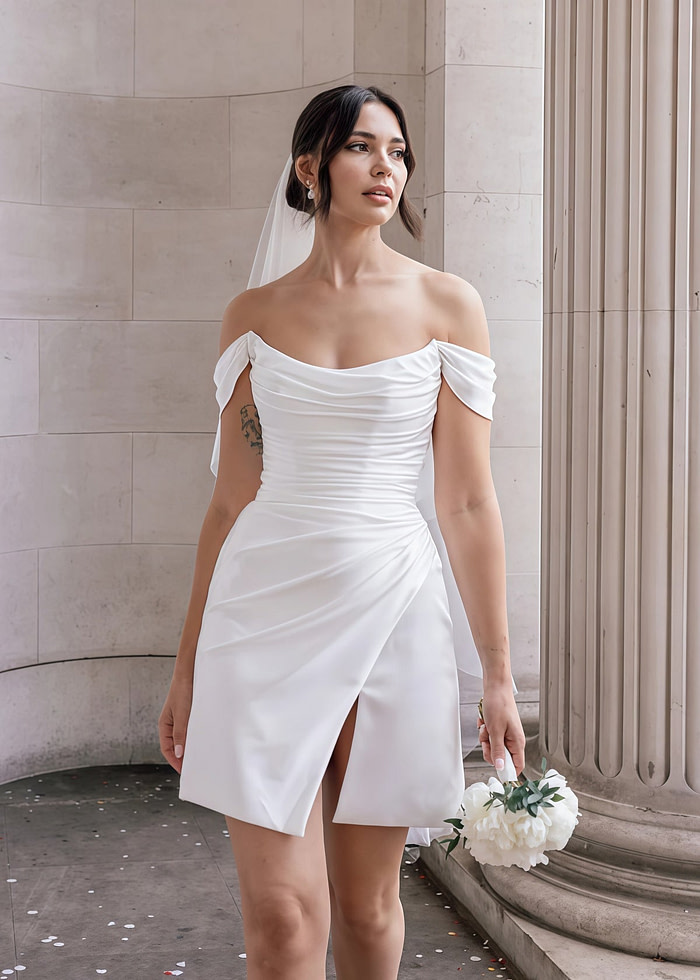 Eileen | Simple Cowl Neck Pleated Short/Mini White Satin Wedding Dress With Slit And Off The Shoulder - Price #Price_Variant_Lowest# - White - Promdressclub