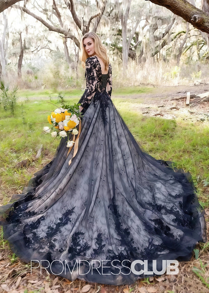 Elsa |Plus Size Black Wedding Dresses Long Sleeves Tulle A Line V Neck Gothic Bridal Gown - Black - Promdressclub