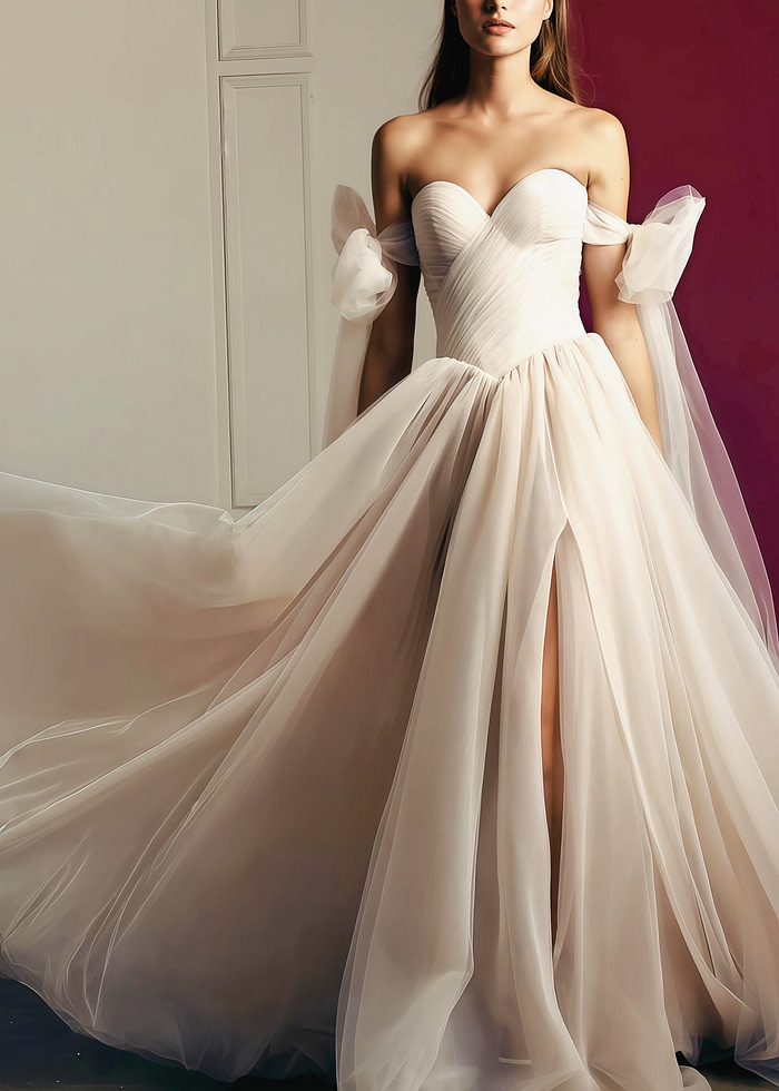 Enid | Glamorous Beach Off The Shoulder A Line Champagne Tulle Wedding Dress With Slit - Price #Price_Variant_Lowest# - Champagne - Promdressclub