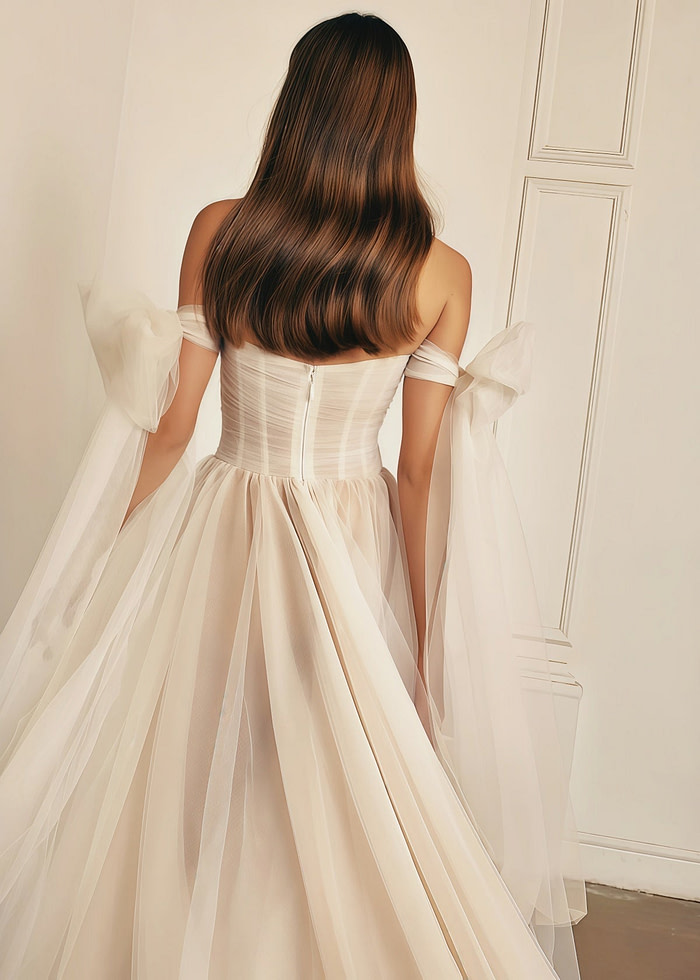 Enid | Glamorous Beach Off The Shoulder A Line Champagne Tulle Wedding Dress With Slit - Price #Price_Variant_Lowest# - Champagne - Promdressclub