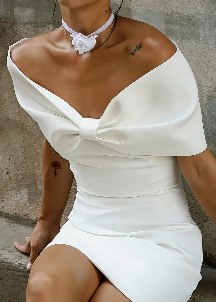 Erica | Sexy Off The Shoulder Short White Satin Wedding Dress With Bow - Price #Price_Variant_Lowest# - White - Promdressclub