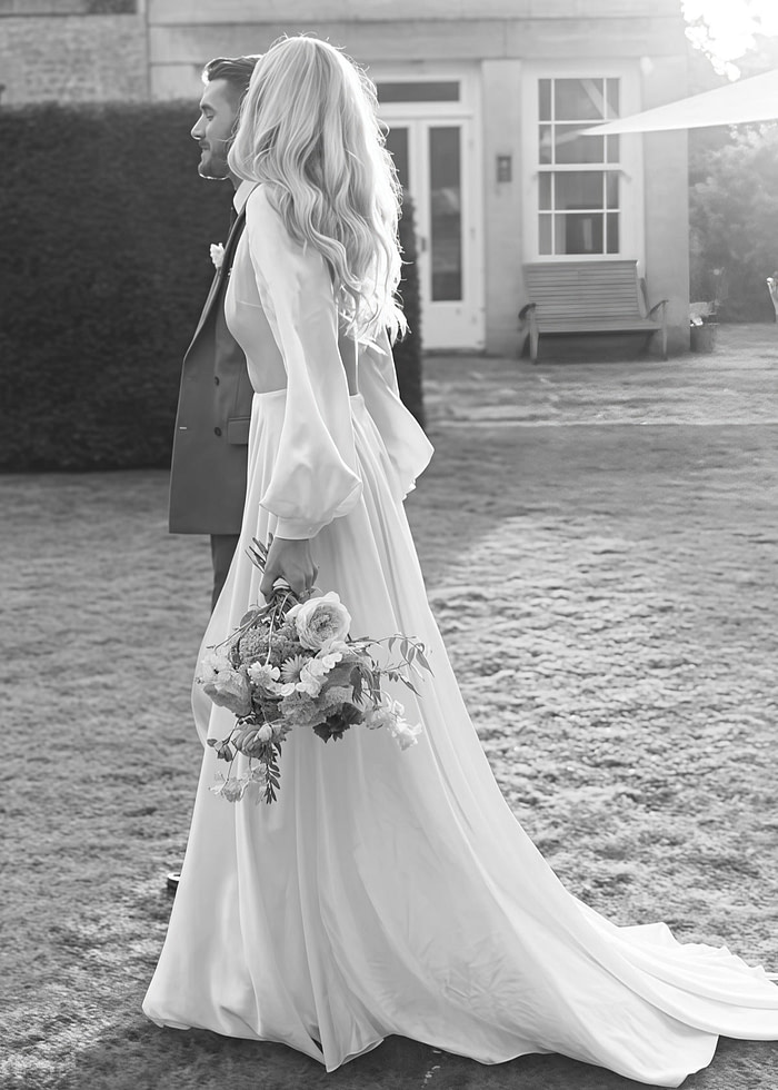 Ethel | Simple A Line White Satin Wedding Dress Long Sleeve Train With V Neck - Price #Price_Variant_Lowest# - White - Promdressclub