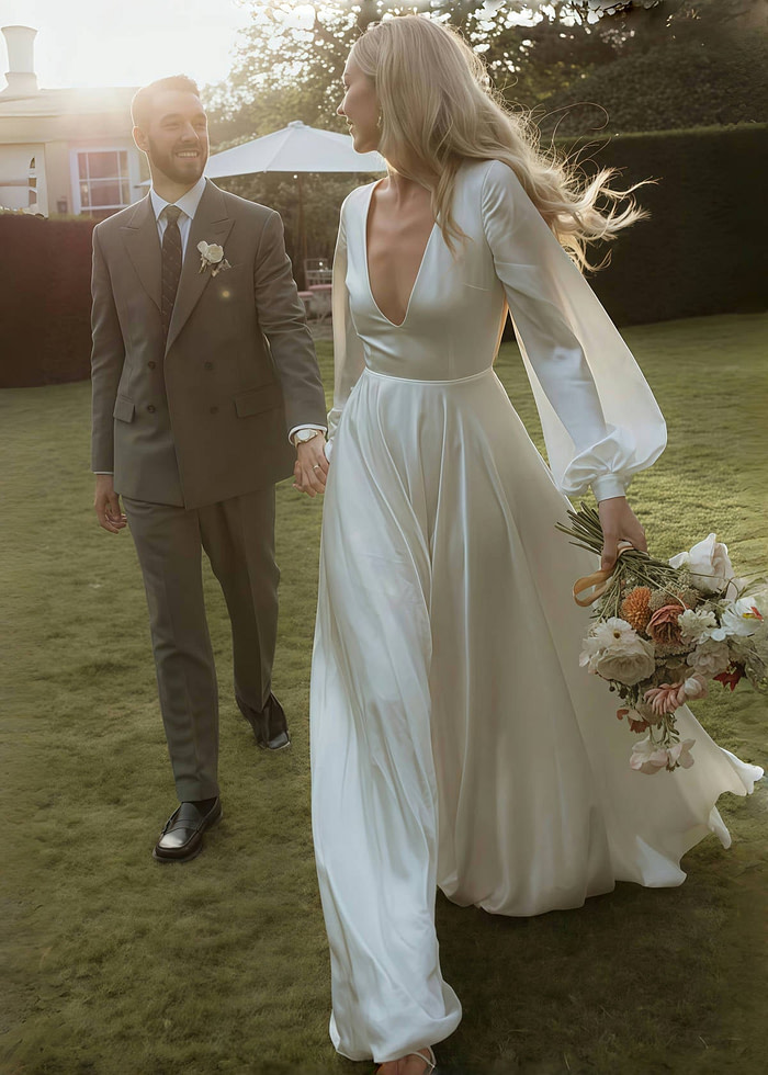 Ethel | Simple A Line White Satin Wedding Dress Long Sleeve Train With V Neck - Price #Price_Variant_Lowest# - White - Promdressclub