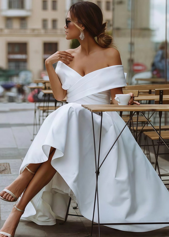 Evangeline | Elegant A Line Off The Shoulder Strapless White Satin Midi Wedding Dress - Price #Price_Variant_Lowest# - White - Promdressclub
