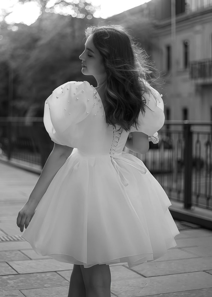 Faithe | Sexy A Line Square Neck Pearl Puff Sleeve Short Wedding Reception Dress For Bride - Price #Price_Variant_Lowest# - White - Promdressclub