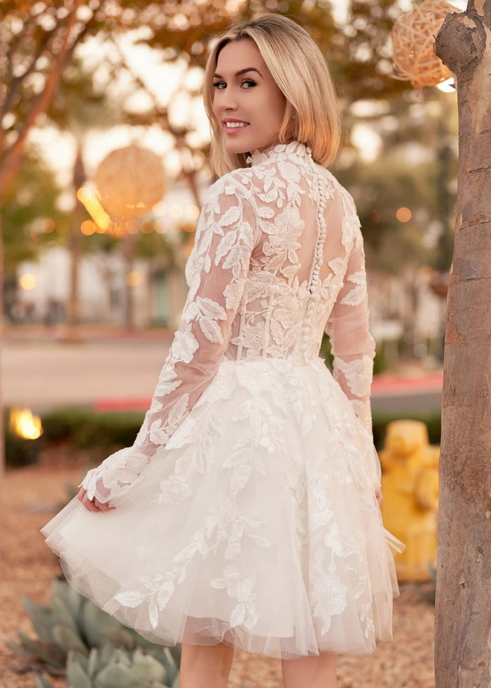 Florence | A Line Long Sleeve Illusion Neck Corset Short White Reception Wedding Dress - Price #Price_Variant_Lowest# - White - Promdressclub
