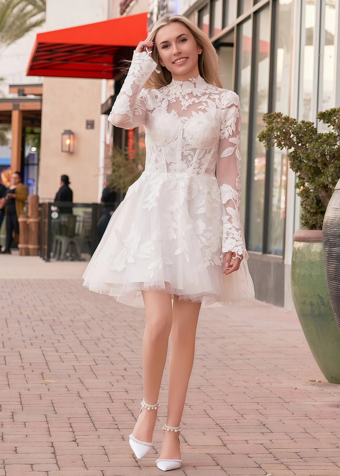 Florence | A Line Long Sleeve Illusion Neck Corset Short White Reception Wedding Dress - Price #Price_Variant_Lowest# - White - Promdressclub