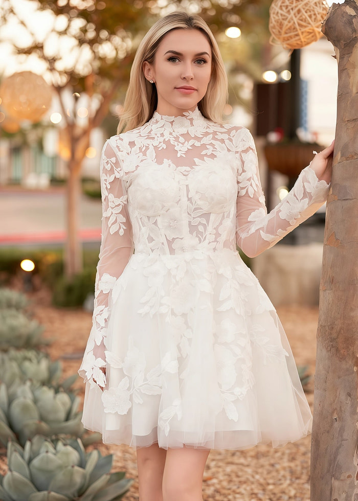 Florence | A Line Long Sleeve Illusion Neck Corset Short White Reception Wedding Dress - Price #Price_Variant_Lowest# - White - Promdressclub