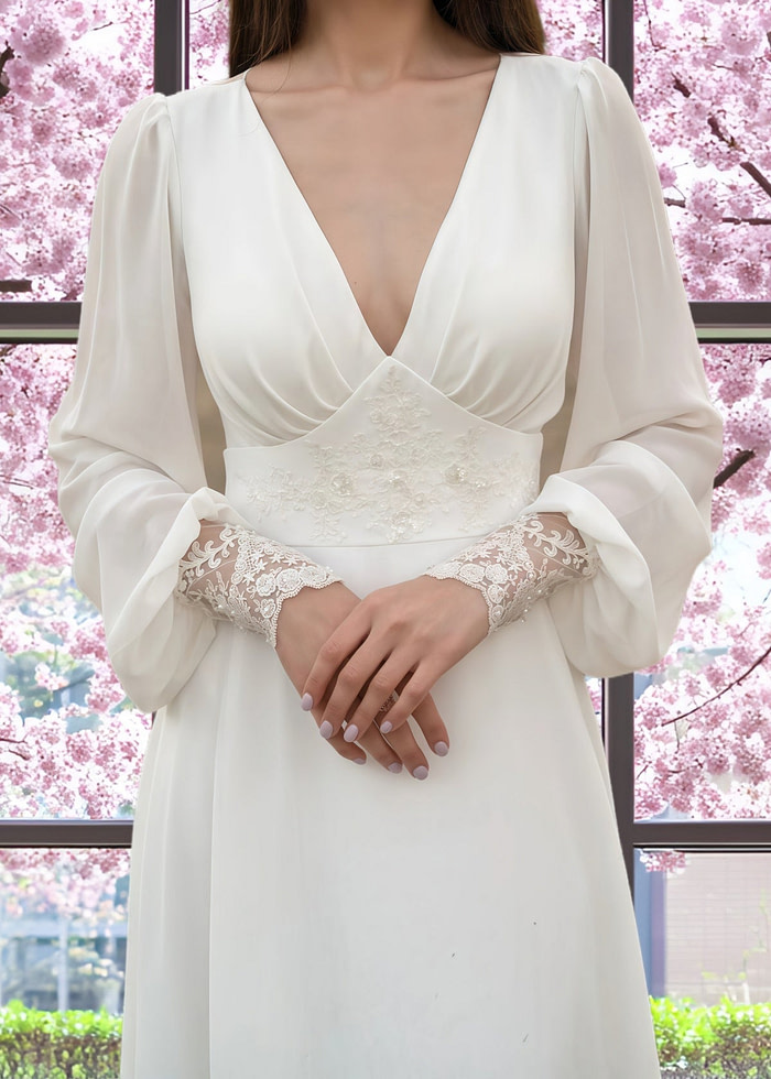 Frances | A Line Long Sleeve Appliques Lace Corset Chiffon Wedding Dress Train With V Neck - Price #Price_Variant_Lowest# - White - Promdressclub