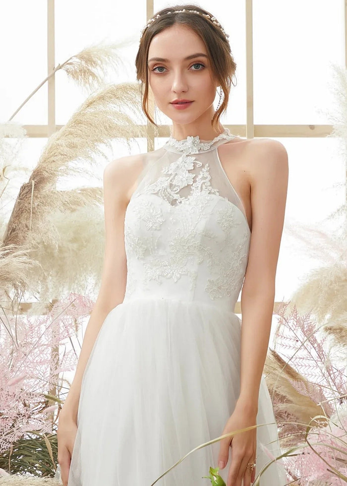 Gill | A Line Halter Neckline Open Back Long White Tulle Wedding Dress - Price #Price_Variant_Lowest# - White - Promdressclub