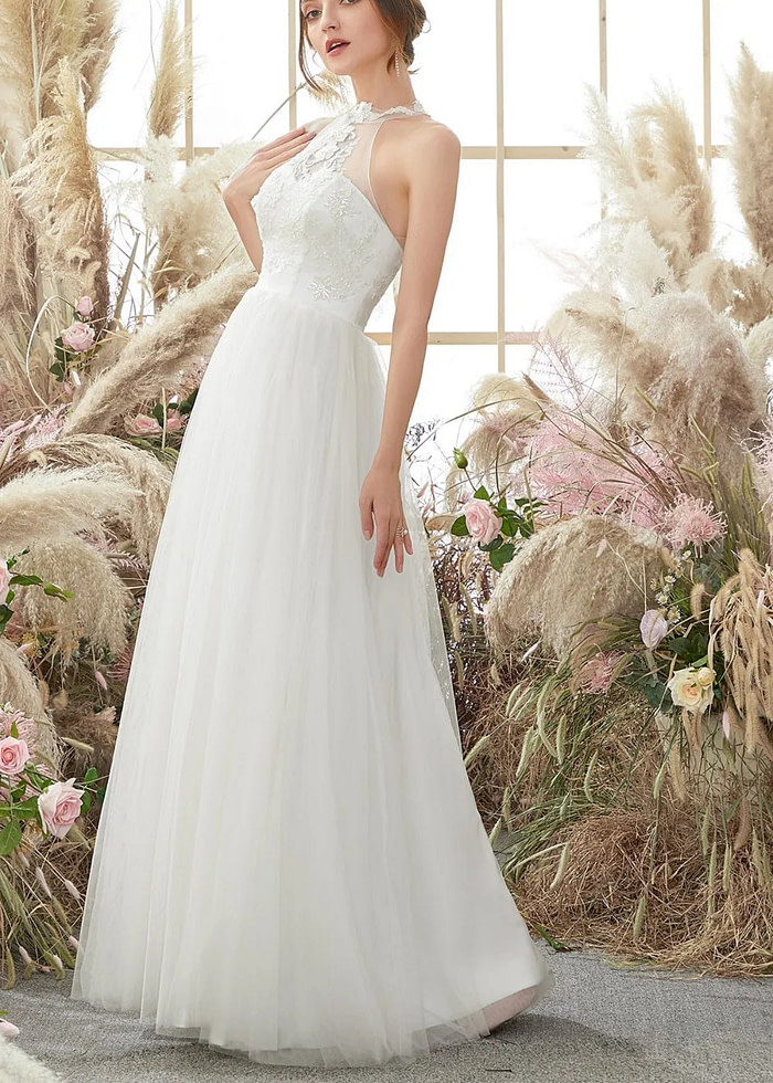 Gill | A Line Halter Neckline Open Back Long White Tulle Wedding Dress - Price #Price_Variant_Lowest# - White - Promdressclub