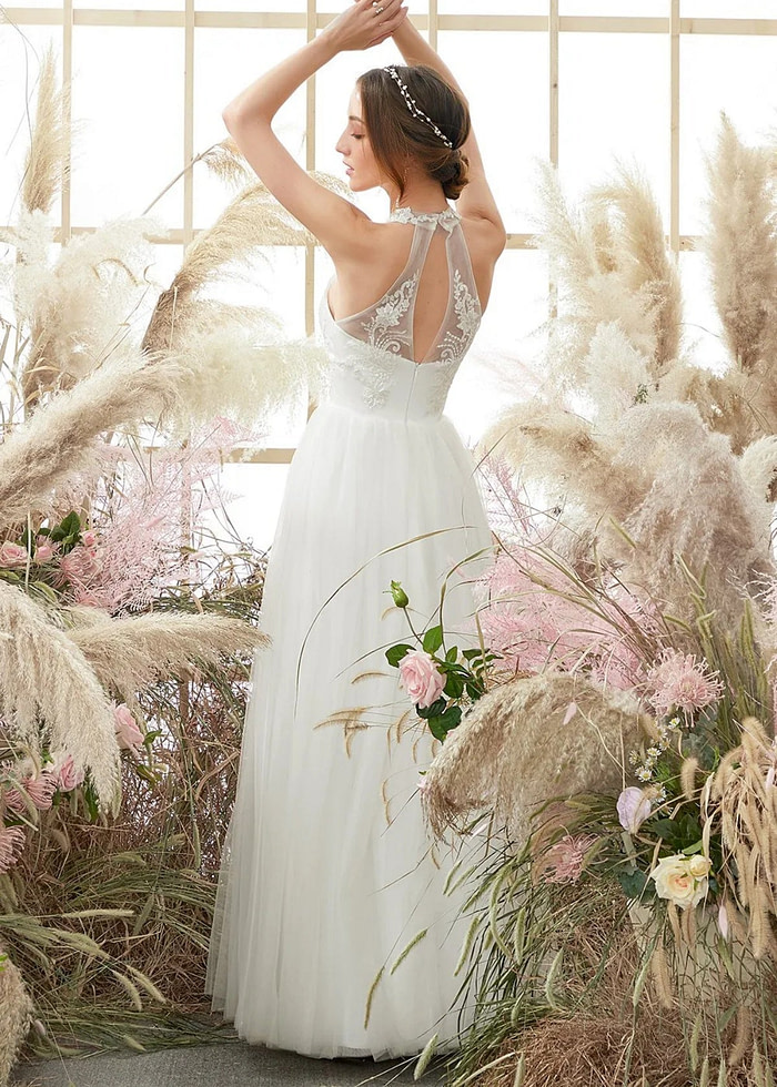 Gill | A Line Halter Neckline Open Back Long White Tulle Wedding Dress - Price #Price_Variant_Lowest# - White - Promdressclub