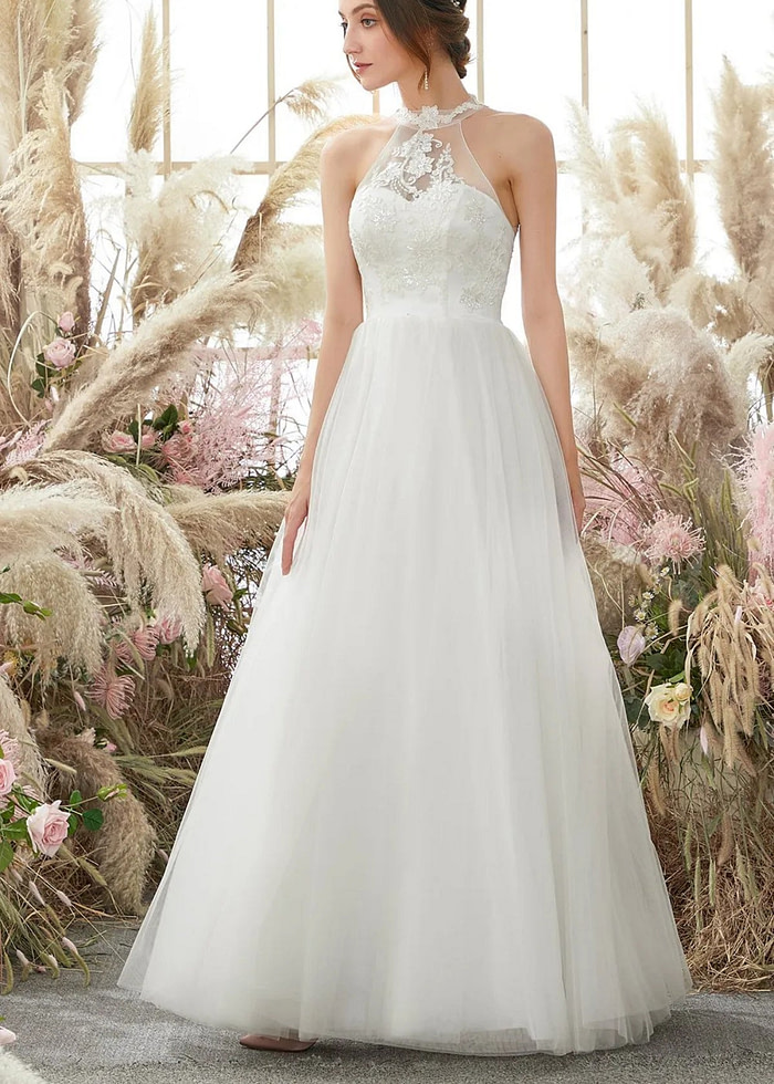 Gill | A Line Halter Neckline Open Back Long White Tulle Wedding Dress - Price #Price_Variant_Lowest# - White - Promdressclub