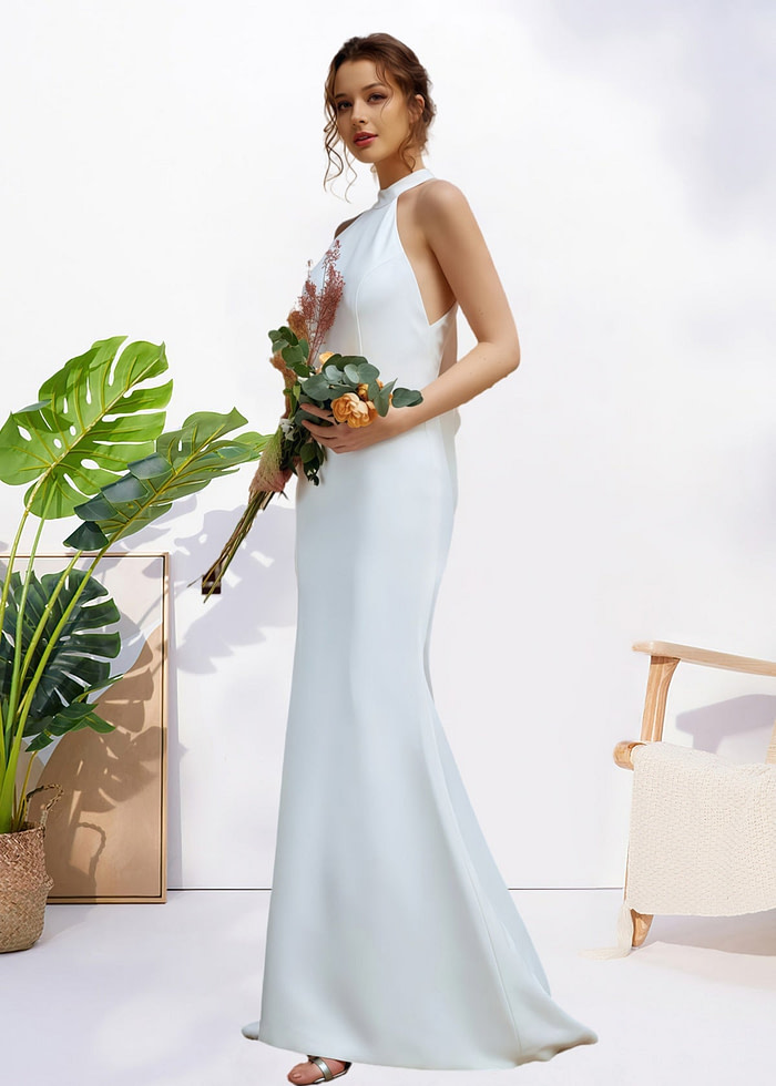 Harriet | Simple Mermaid Halter Neck Backless White Satin Wedding Dress With Bow - Price #Price_Variant_Lowest# - White - Promdressclub
