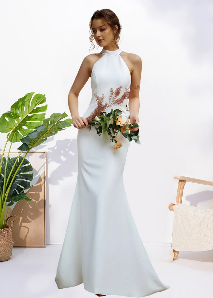 Harriet | Simple Mermaid Halter Neck Backless White Satin Wedding Dress With Bow - Price #Price_Variant_Lowest# - White - Promdressclub