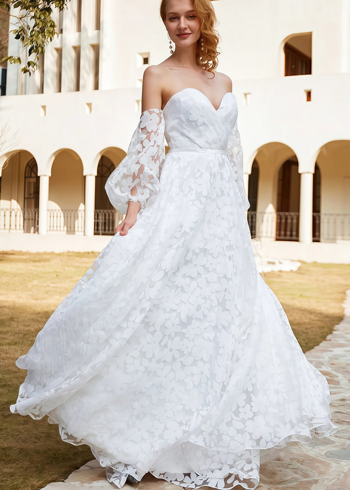 Hilary | A Line Sweetheart Backless White Organza Wedding Dress Train With Off The Shoulder - Price #Price_Variant_Lowest# - White - Promdressclub