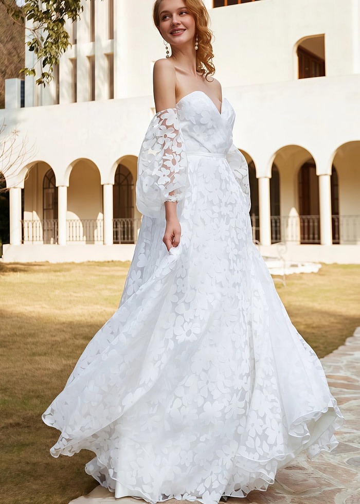 Hilary | A Line Sweetheart Backless White Organza Wedding Dress Train With Off The Shoulder - Price #Price_Variant_Lowest# - White - Promdressclub