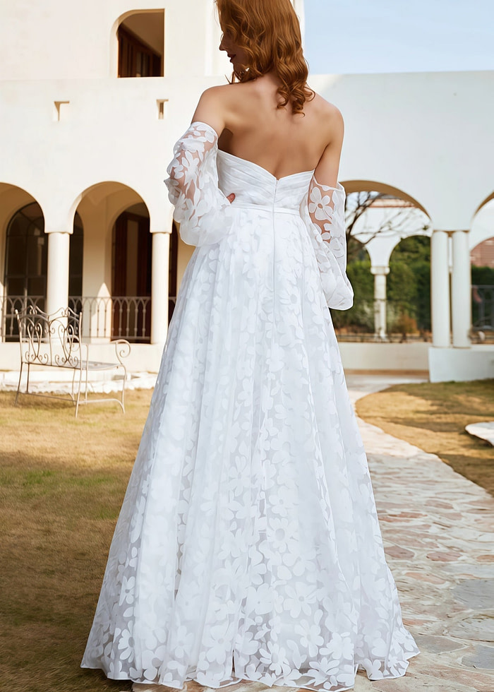 Hilary | A Line Sweetheart Backless White Organza Wedding Dress Train With Off The Shoulder - Price #Price_Variant_Lowest# - White - Promdressclub