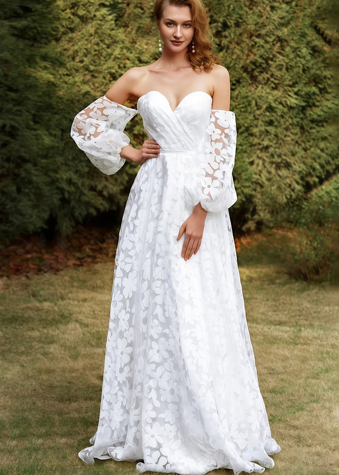 Hilary | A Line Sweetheart Backless White Organza Wedding Dress Train With Off The Shoulder - Price #Price_Variant_Lowest# - White - Promdressclub