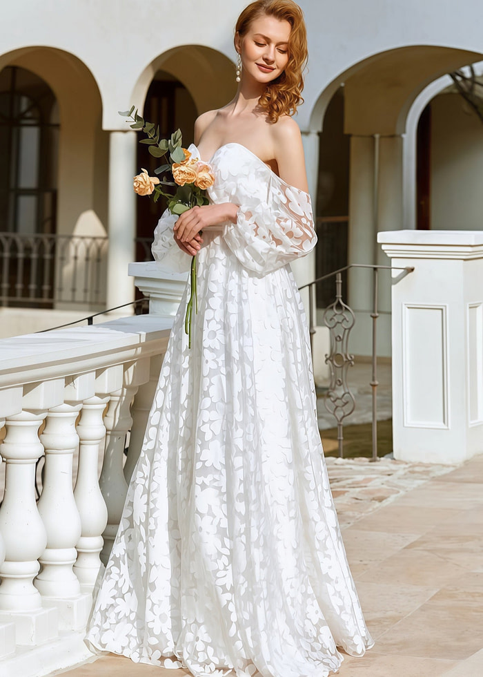 Hilary | A Line Sweetheart Backless White Organza Wedding Dress Train With Off The Shoulder - Price #Price_Variant_Lowest# - White - Promdressclub