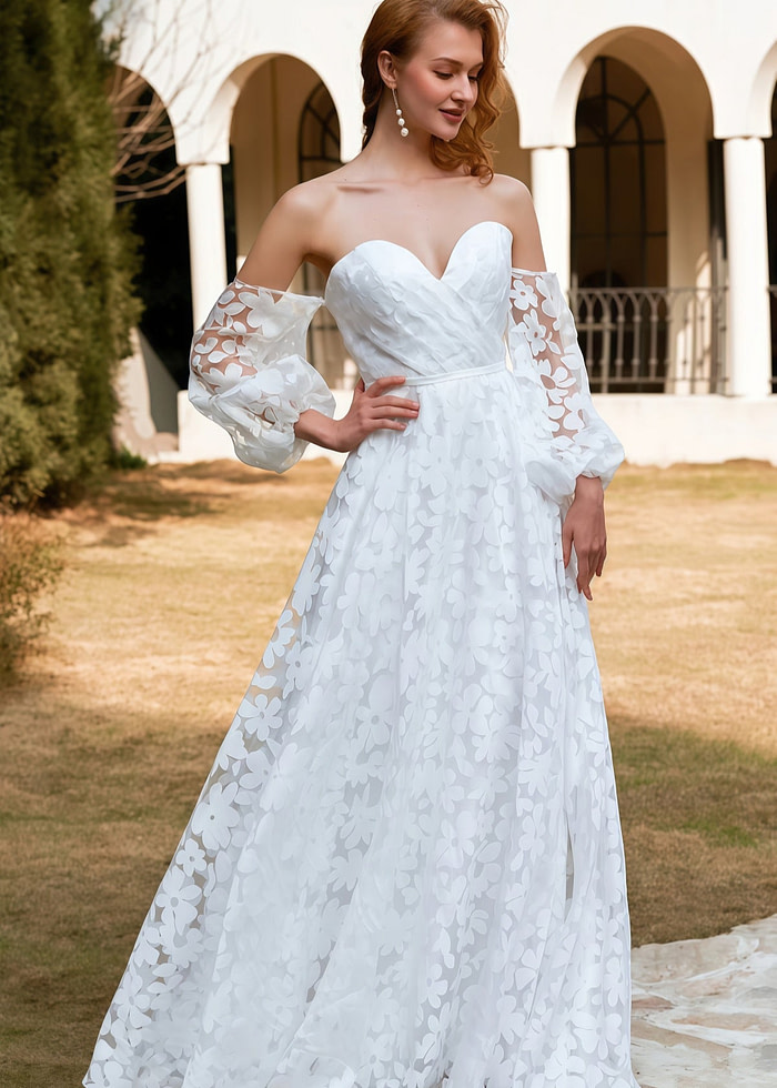Hilary | A Line Sweetheart Backless White Organza Wedding Dress Train With Off The Shoulder - Price #Price_Variant_Lowest# - White - Promdressclub