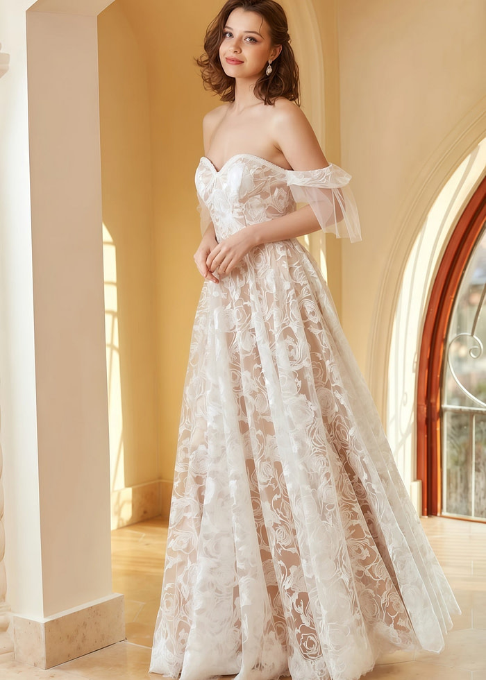 Ida | Beach A Line Off The Shoulder Lace White Wedding Dress With Backless - Price #Price_Variant_Lowest# - White - Promdressclub