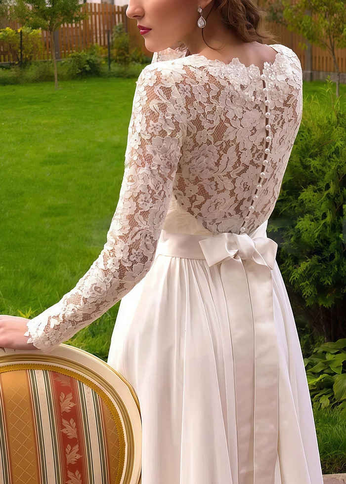 Iris | A Line Long Sleeve High Neck White Lace Wedding Dress Train - White - Promdressclub