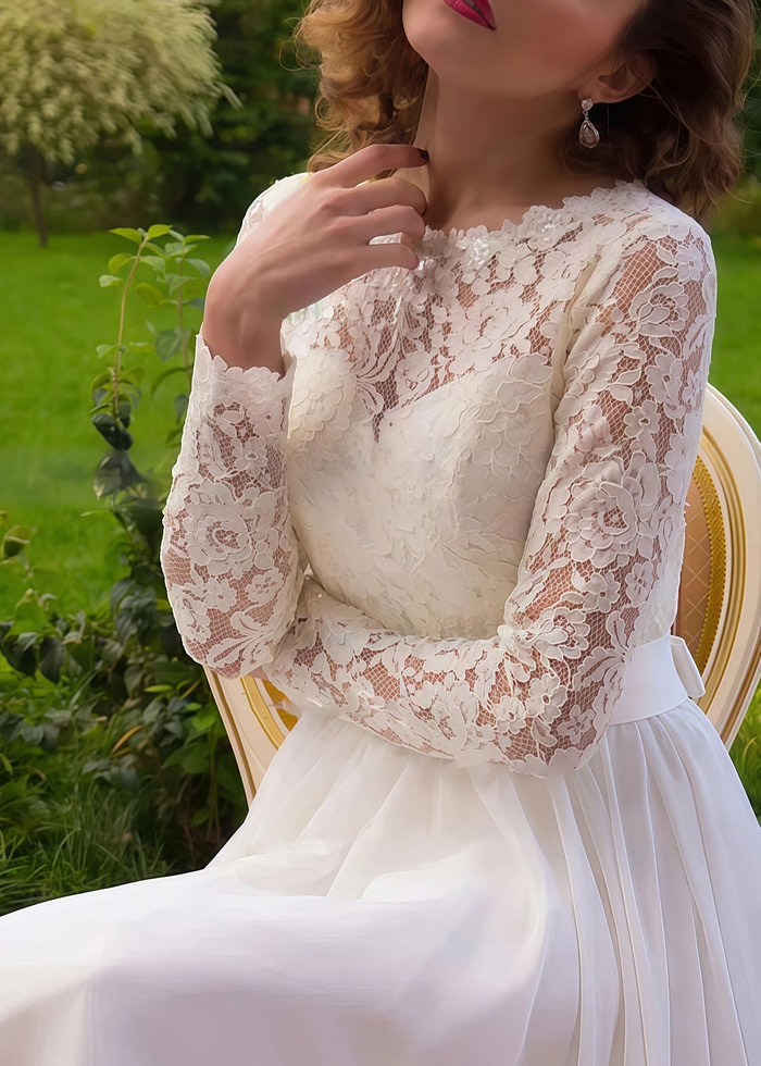 Iris | A Line Long Sleeve High Neck White Lace Wedding Dress Train - White - Promdressclub