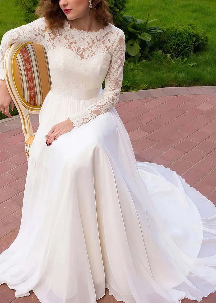 Iris | A Line Long Sleeve High Neck White Lace Wedding Dress Train - White - Promdressclub