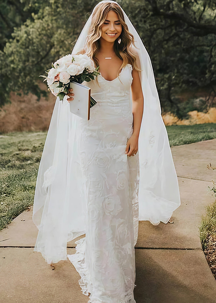 Isabel | Exquisite Mermaid Backless White Lace Wedding Dress With Sweep Train - White - Promdressclub