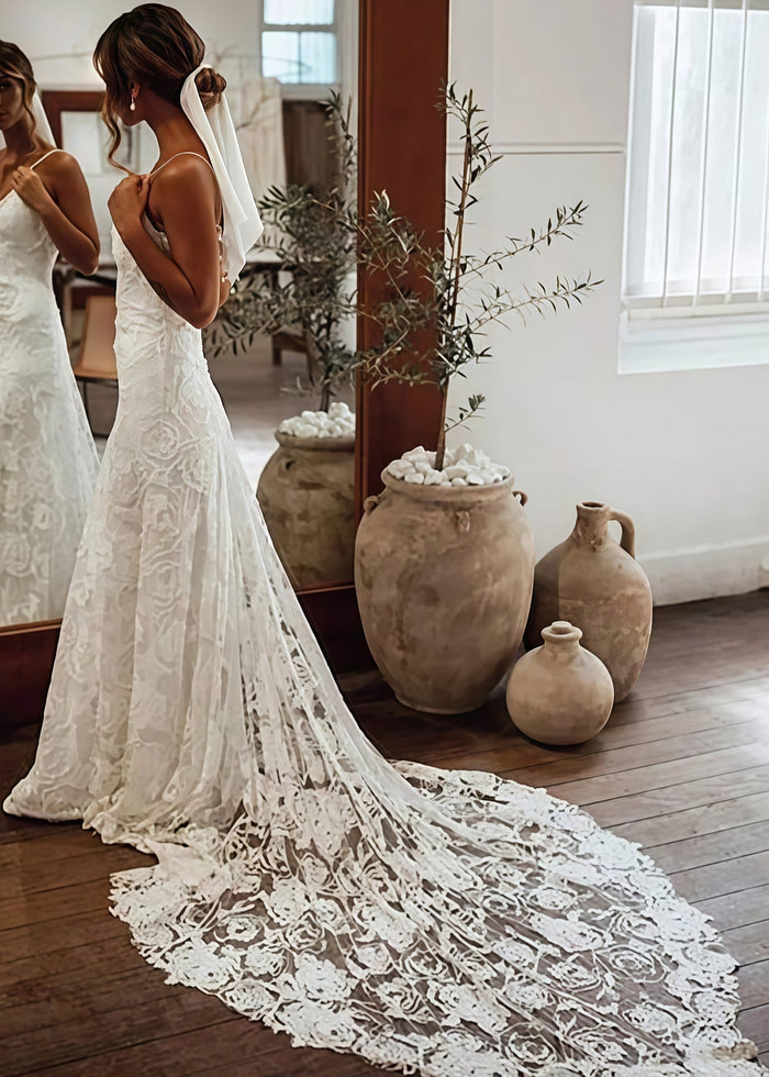 Isabel | Exquisite Mermaid Backless White Lace Wedding Dress With Sweep Train - White - Promdressclub