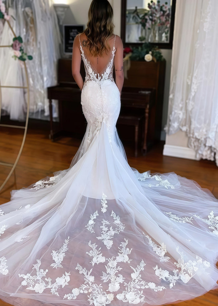 Jennifer | Elegant V Neck Lace Mermaid Wedding Dress With Long Train - White - Promdressclub