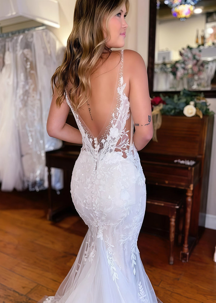 Jennifer | Elegant V Neck Lace Mermaid Wedding Dress With Long Train - White - Promdressclub