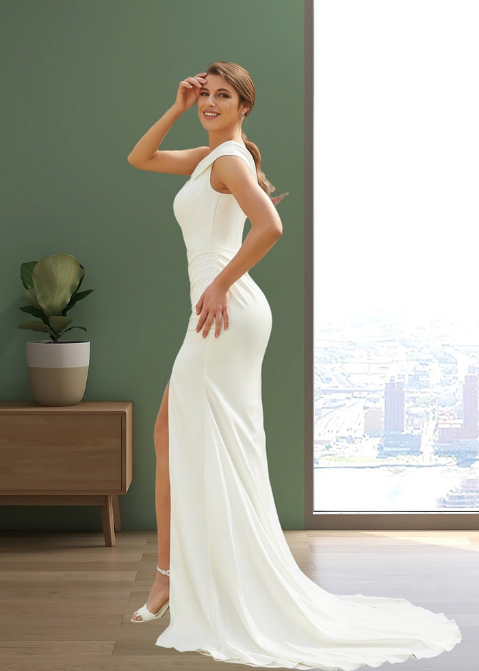 Jenny | Sheath/Column Satin Ruched One Shoulder Ivory Wedding Dress Train With Slit - Ivory - Promdressclub