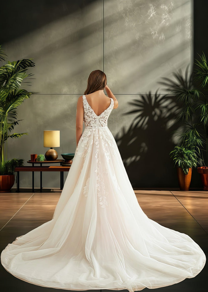 Jo | V Neck Princess Sleeveless Applique Lace Wedding Dress Train - A Blend Of Allure And Elegance - White - Promdressclub
