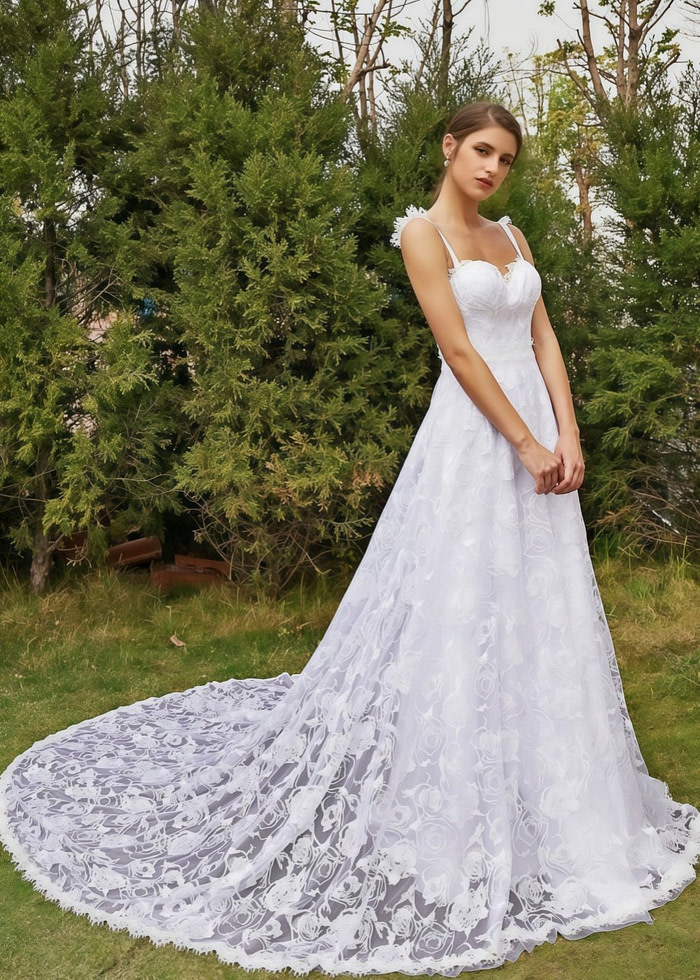 Joanna | Elegant A Line Lace Spaghetti Strap Sweetheart Neckline White Wedding Dress With Court Train - White - Promdressclub