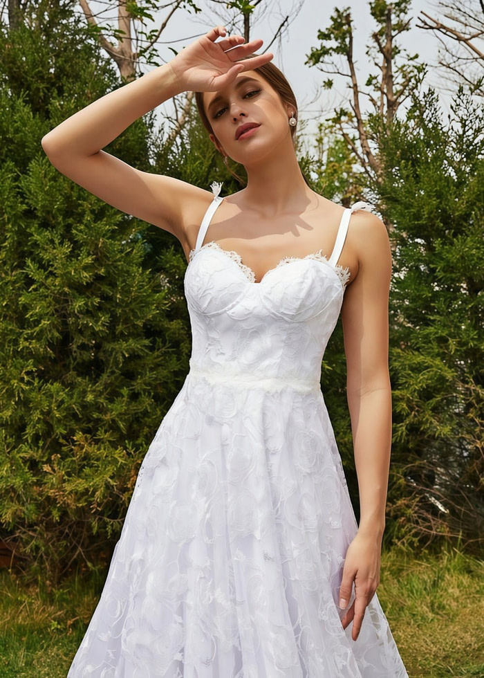 Joanna | Elegant A Line Lace Spaghetti Strap Sweetheart Neckline White Wedding Dress With Court Train - White - Promdressclub