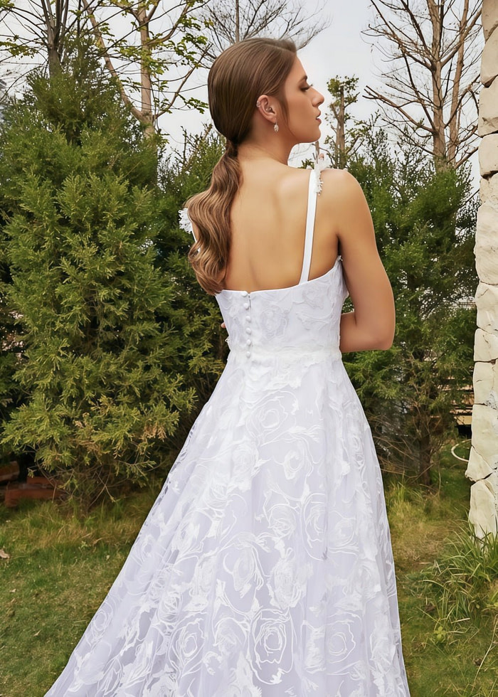 Joanna | Elegant A Line Lace Spaghetti Strap Sweetheart Neckline White Wedding Dress With Court Train - White - Promdressclub