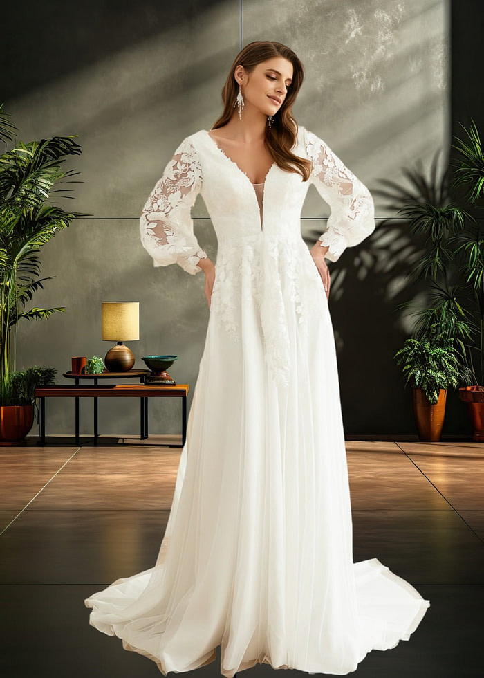 Kama | Elegant Sheath V Neck Lace Long Sleeve Ivory Chiffon Wedding Dress With Train From Pdc - Ivory - Promdressclub