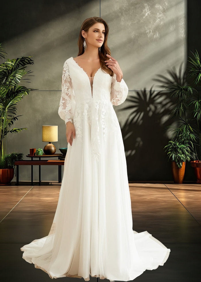 Kama | Elegant Sheath V Neck Lace Long Sleeve Ivory Chiffon Wedding Dress With Train From Pdc - Ivory - Promdressclub