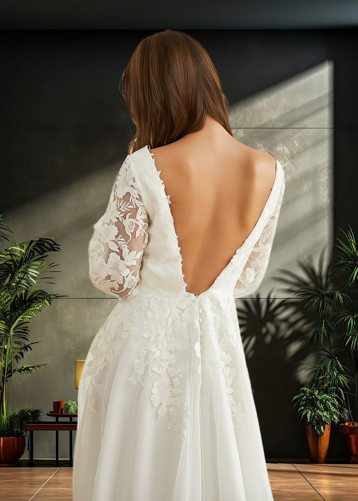 Kama | Elegant Sheath V Neck Lace Long Sleeve Ivory Chiffon Wedding Dress With Train From Pdc - Ivory - Promdressclub